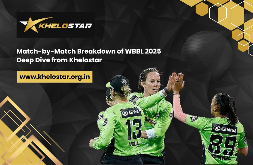 WBBL 2025 match analysis graphic showing players and match timeline